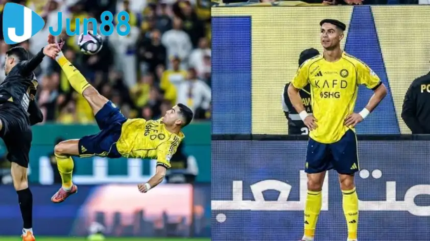 Màn ăn mừng 'gây bão' mạng xã hội của siêu sao Cristiano Ronaldo sau khi ghi siêu phẩm. (Ảnh: Goal) Màn ăn mừng 'gây bão' mạng xã hội của siêu sao Cristiano Ronaldo sau khi ghi siêu phẩm. (Ảnh: Goal)